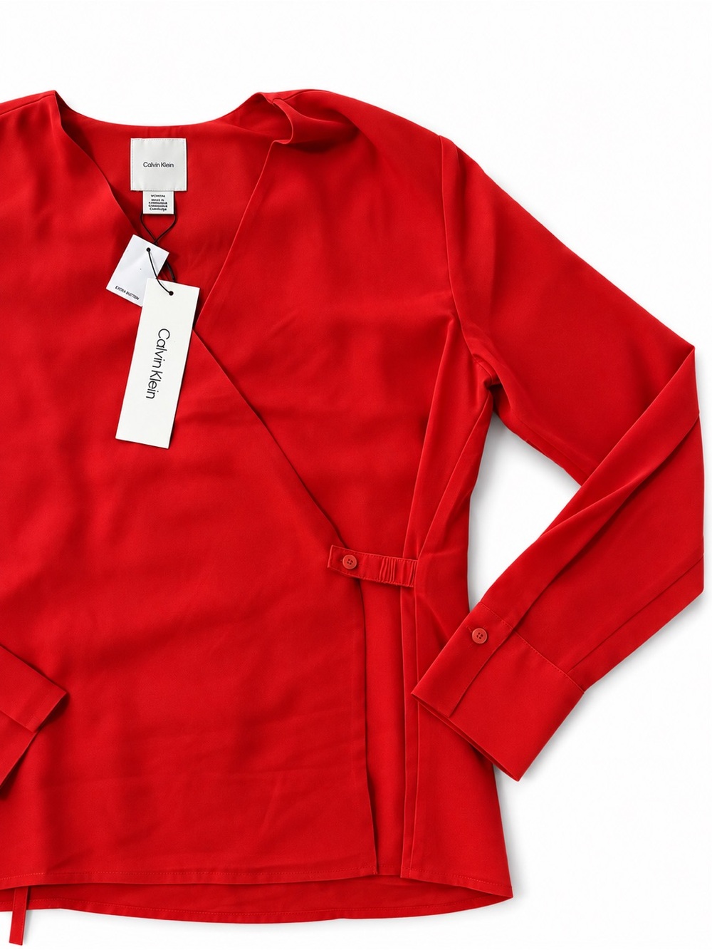 Calvin Klein V-Neck Red Long-Sleeve Wrap Top - Picture 2 of 3